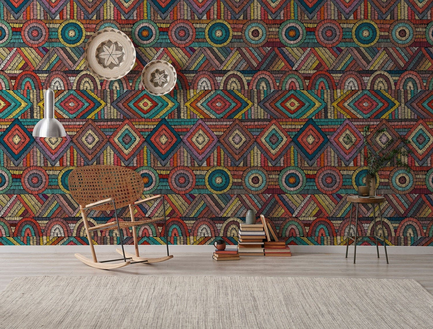 Colorful Geometric Boho Chic Mural Wallpaper in living room