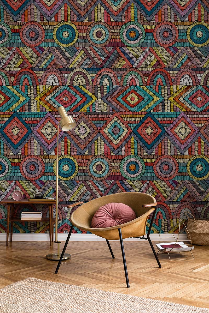 Colorful Geometric Boho Chic Mural Wallpaper in living room