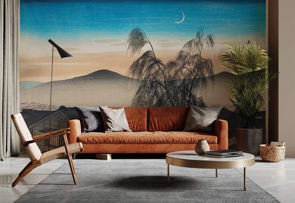 Japanese Landscape Moonlight Willow Mural Wallpaper in living room