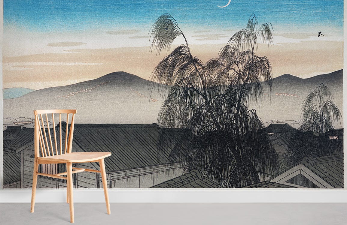 Japanese Landscape Moonlight Willow Mural Wallpaper