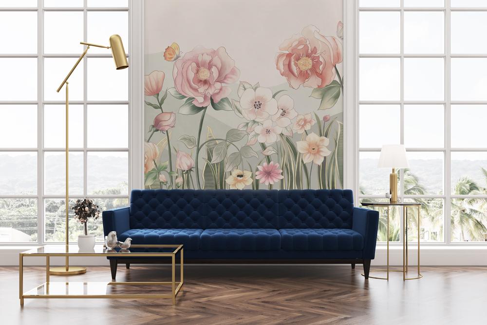 Pastel Floral Garden with Butterflies Wallpaper Mural in living room