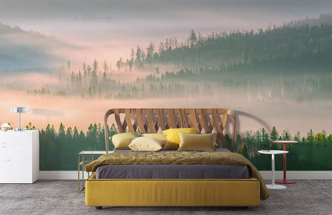 Misty Forest Dawn Scenery Mural Wallpaper in bedroom