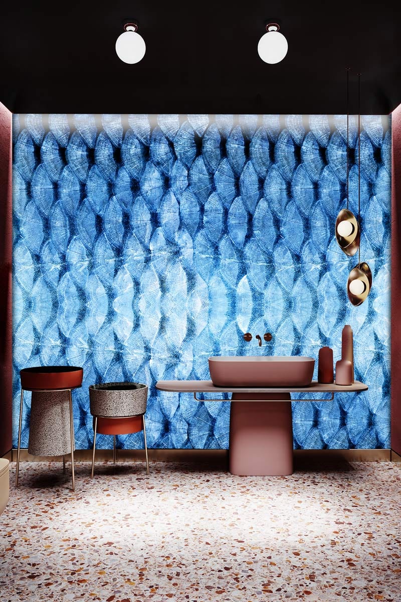 Abstract Blue Geometric Wallpaper Mural in bathroom