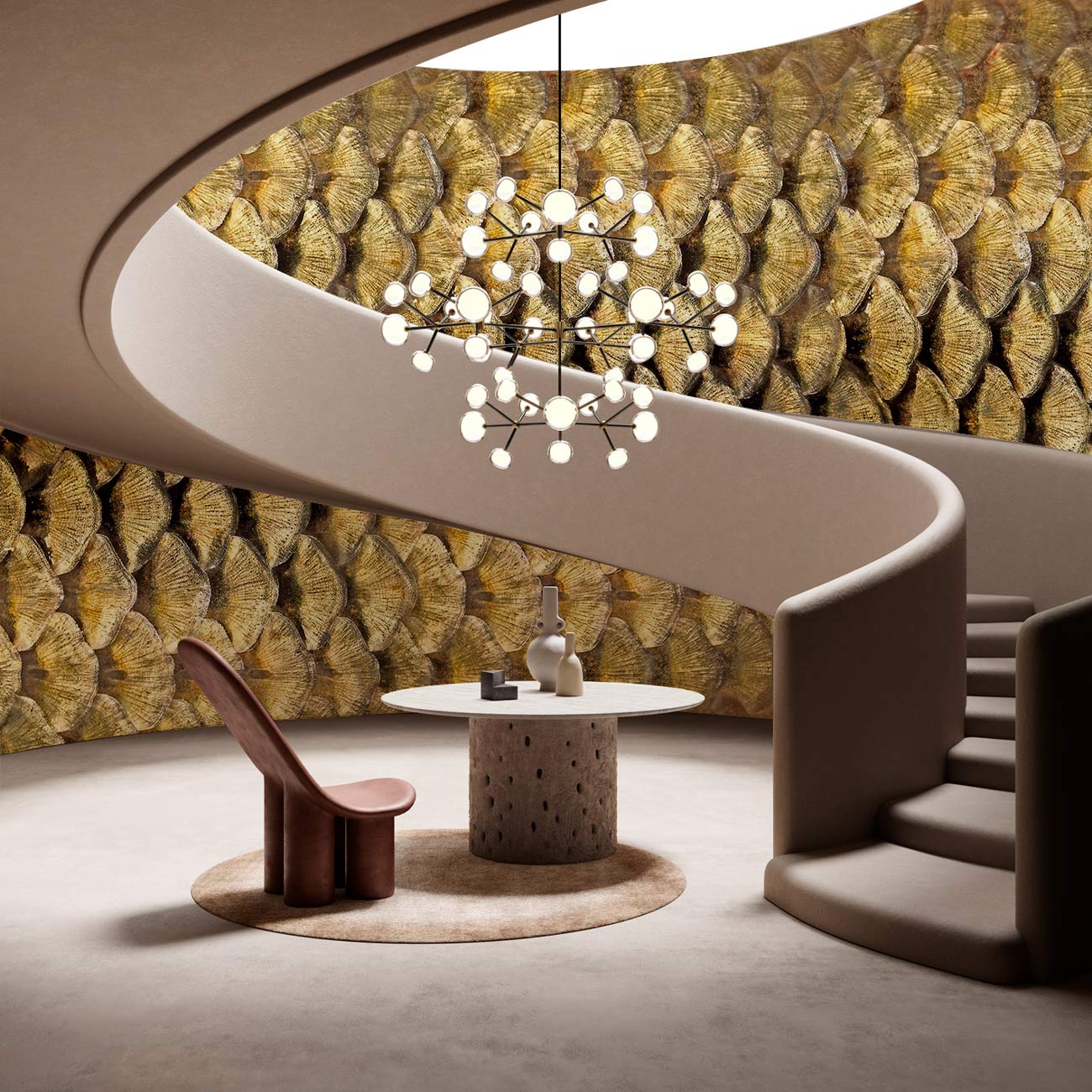 Metallic Gold Fish Scale Mural Wallpaper in living room
