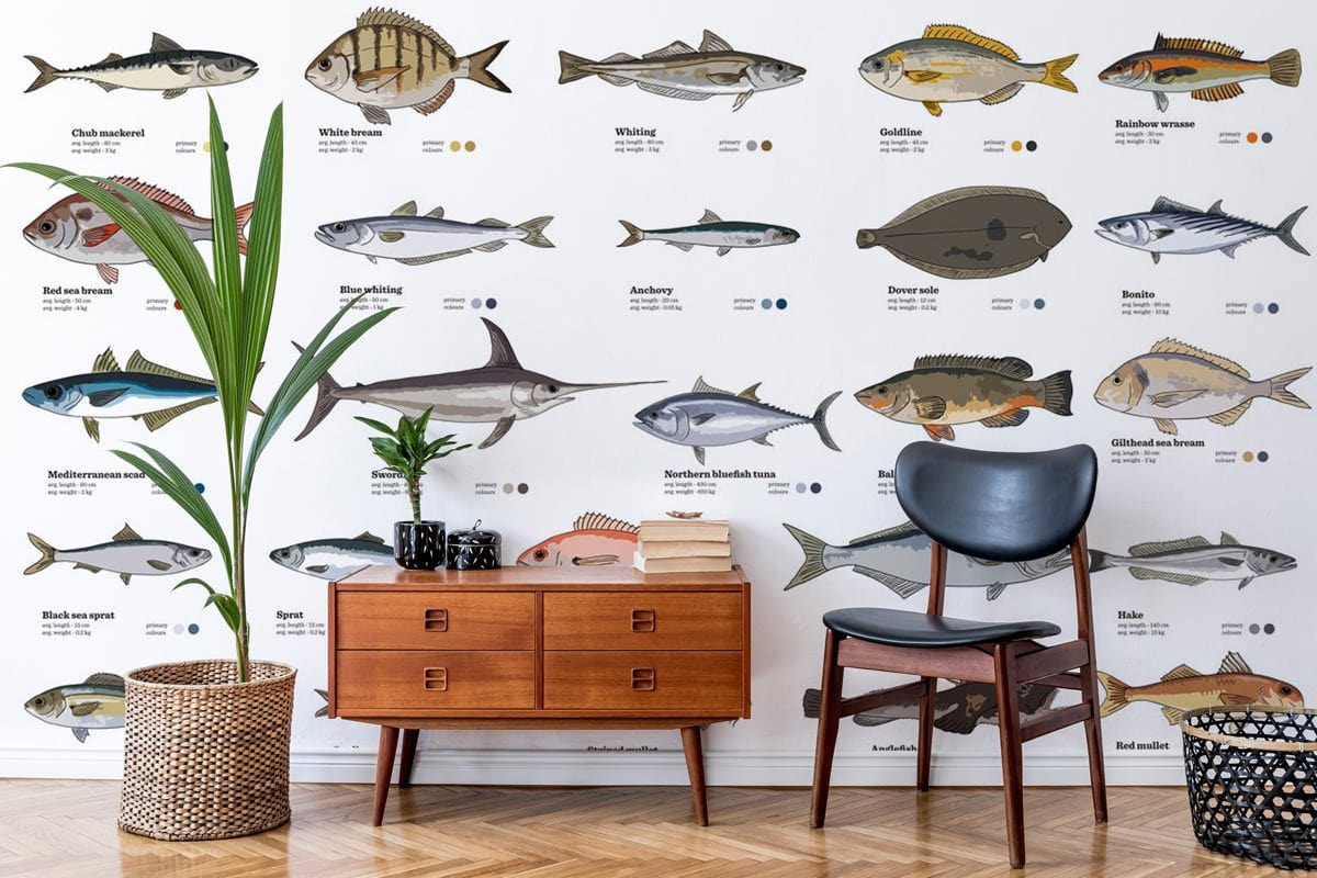 Fish Species Ocean Wall Mural Wallpaper for Use in Decorating the Living Room