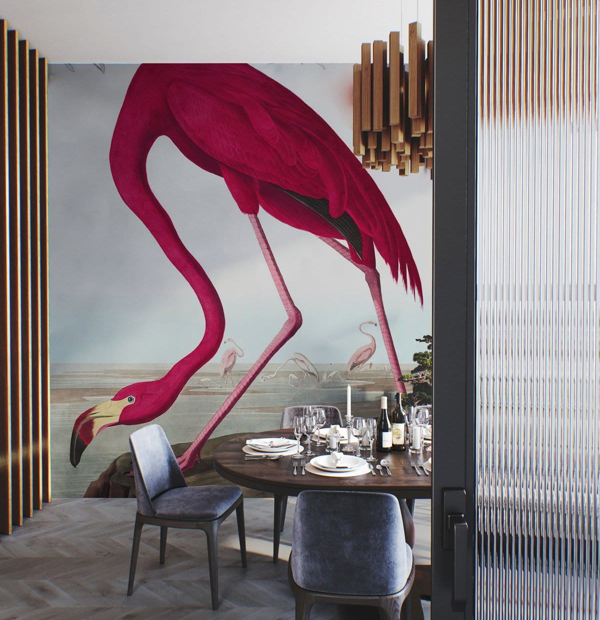 Vintage Flamingo Illustration Mural Wallpaper in dining room