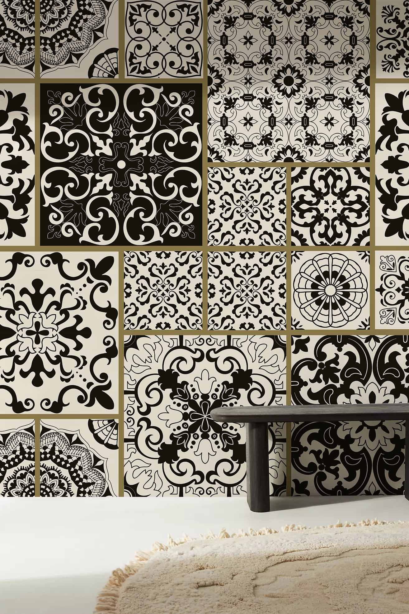 Elegant Black Beige Vintage Mural Wallpaper in living room