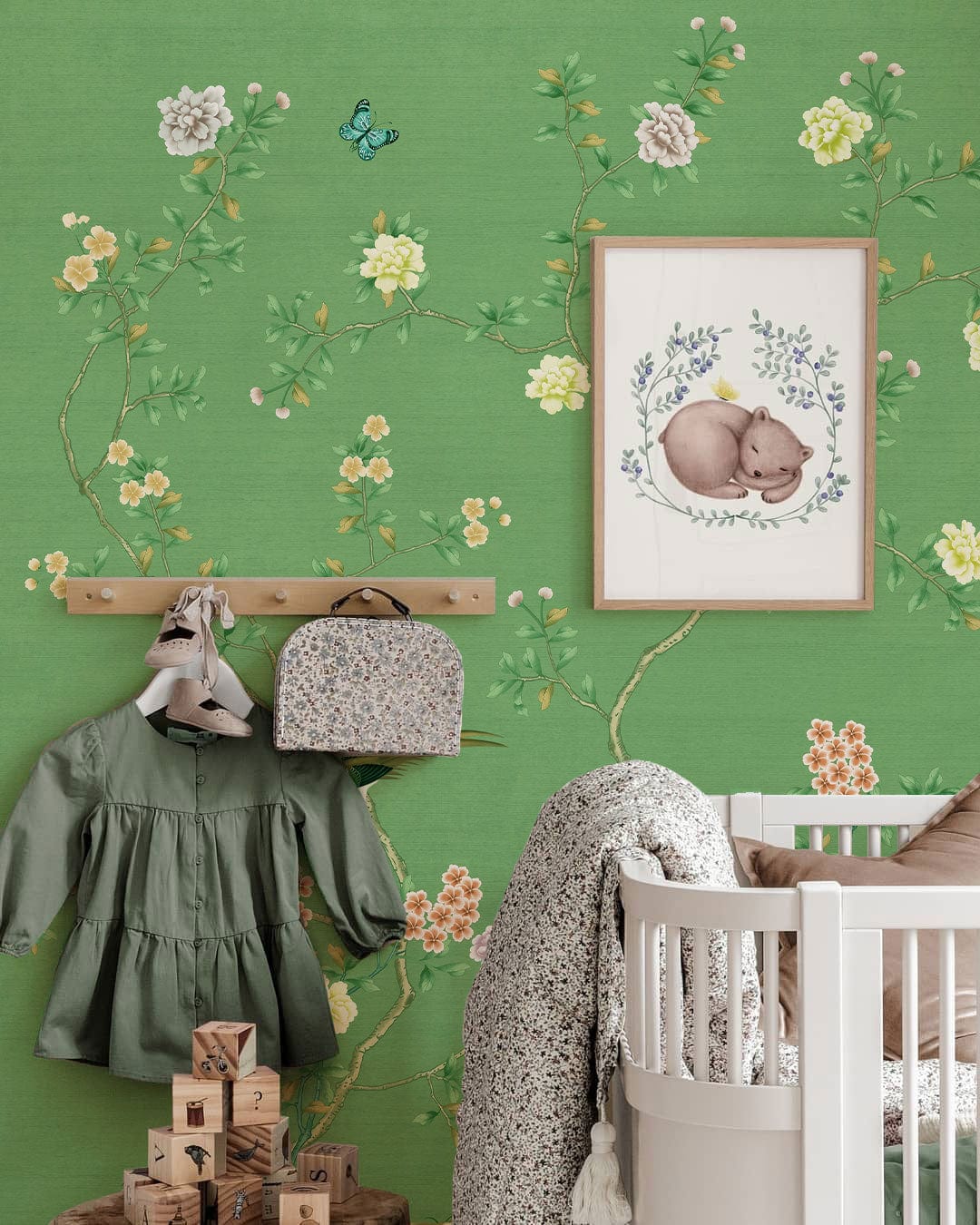 Green Floral Birds Chinoiserie Mural Wallpaper in nursery