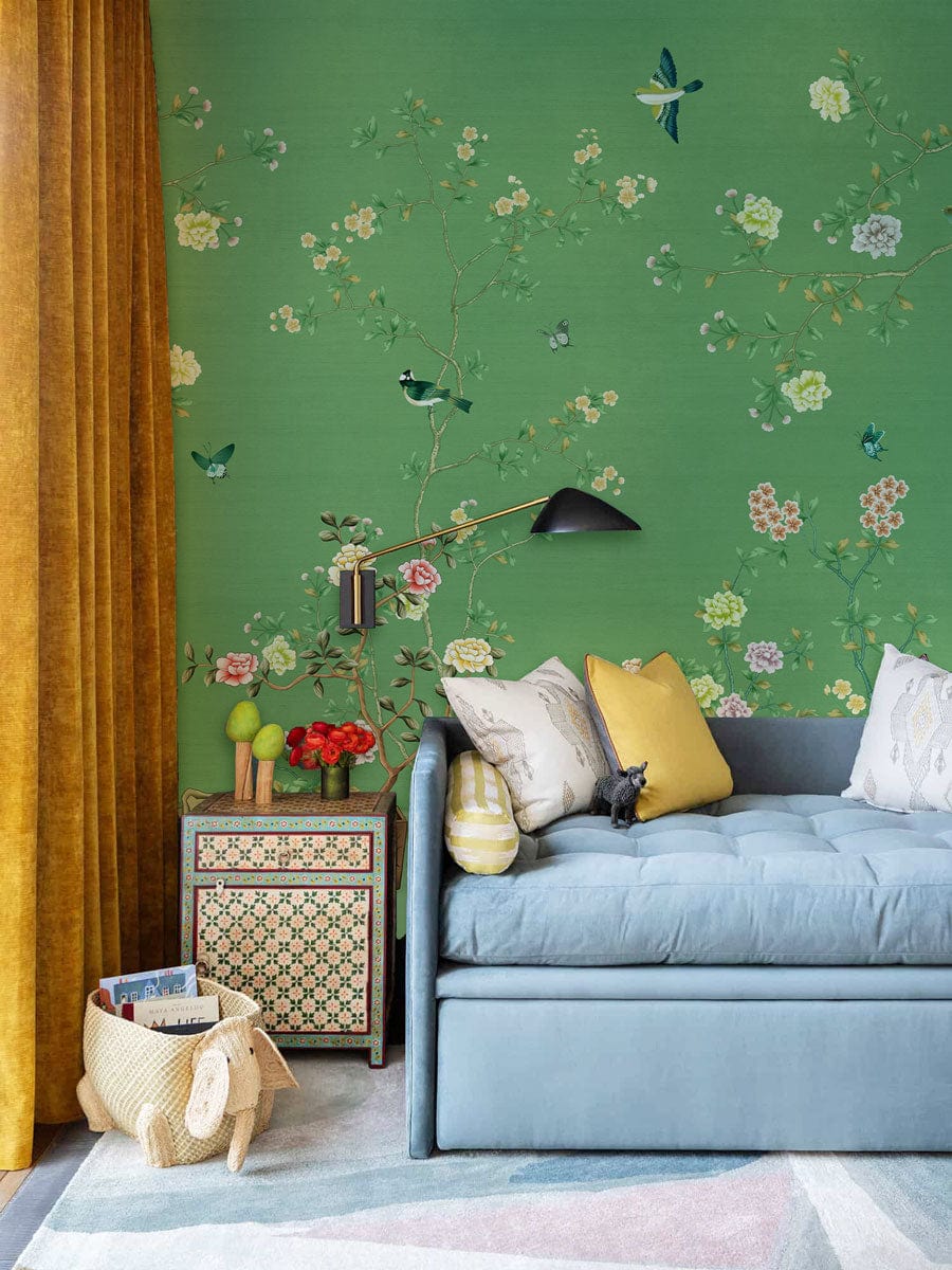 Green Floral Birds Chinoiserie Mural Wallpaper in living room