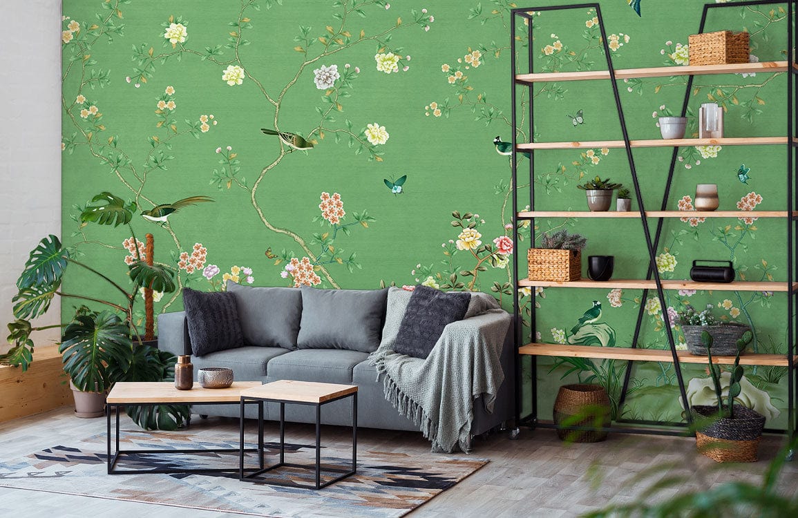 Green Floral Birds Chinoiserie Mural Wallpaper in living room