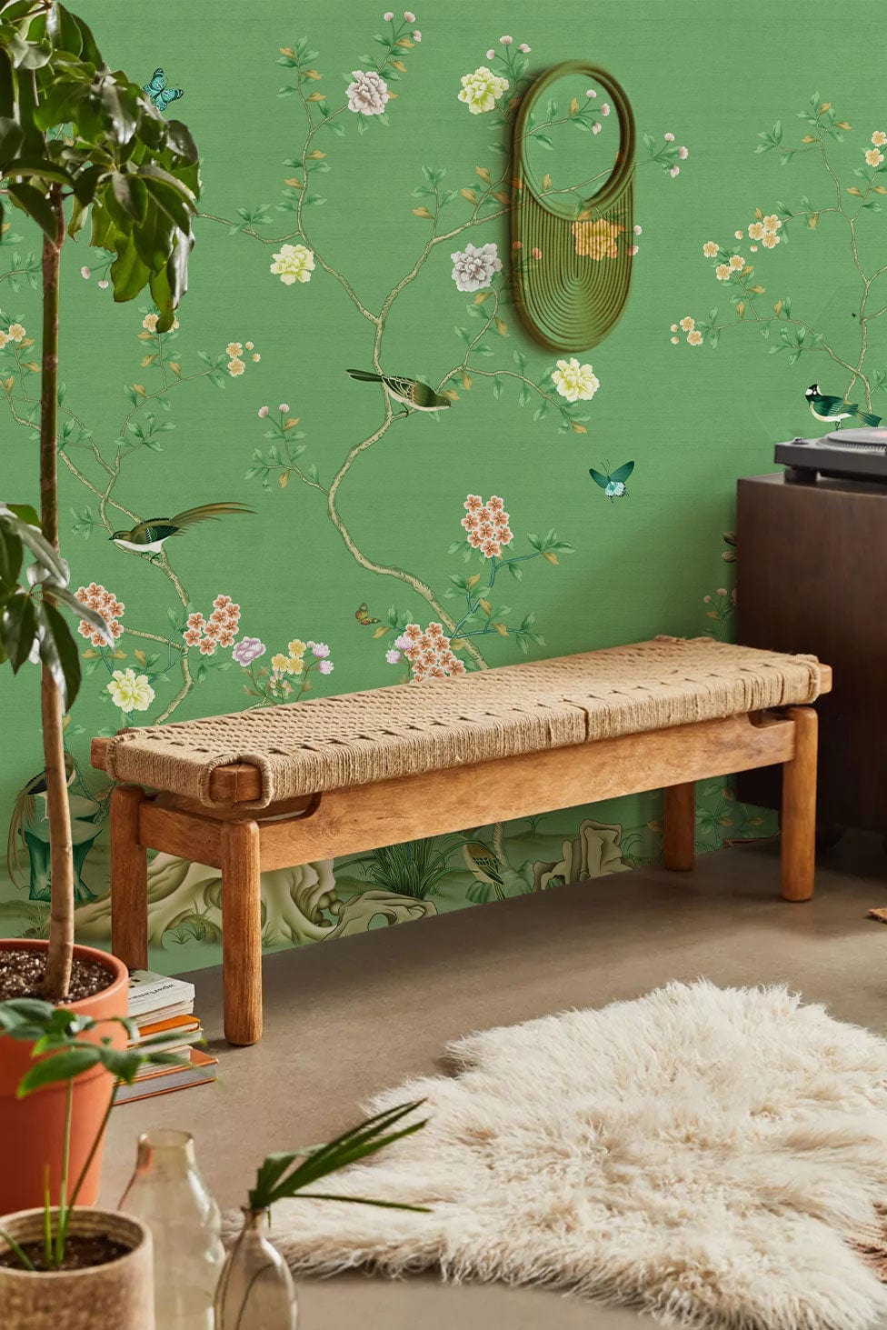 Green Floral Birds Chinoiserie Mural Wallpaper in living room