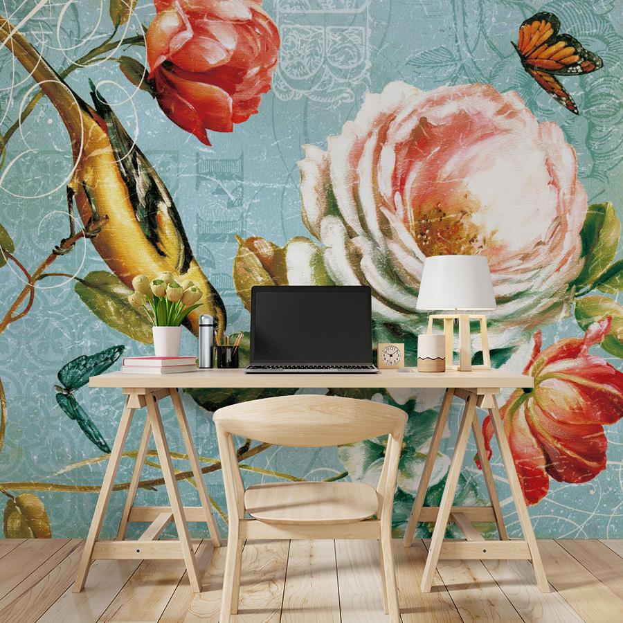 Vintage Floral Bird Mural Wallpaper in office