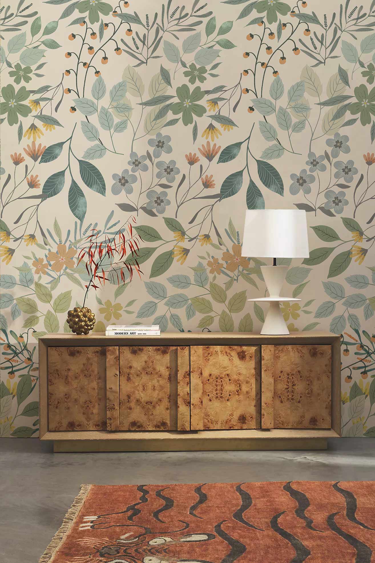 Boho Chic Botanical Garden Mural Wallpaper in living room