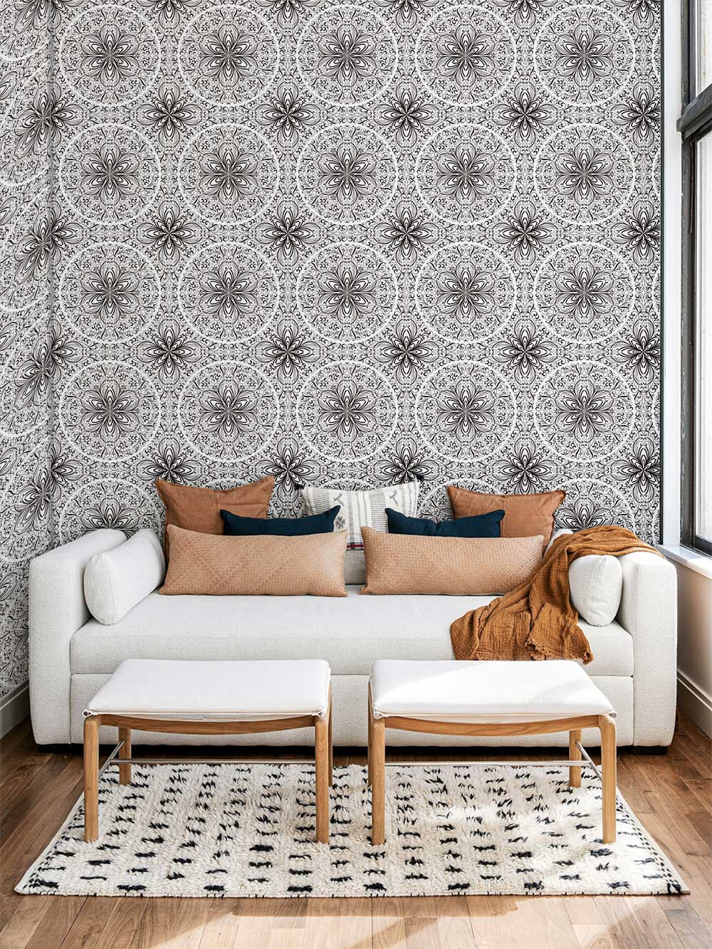 Vintage Floral Lace Pattern Mural Wallpaper in living room