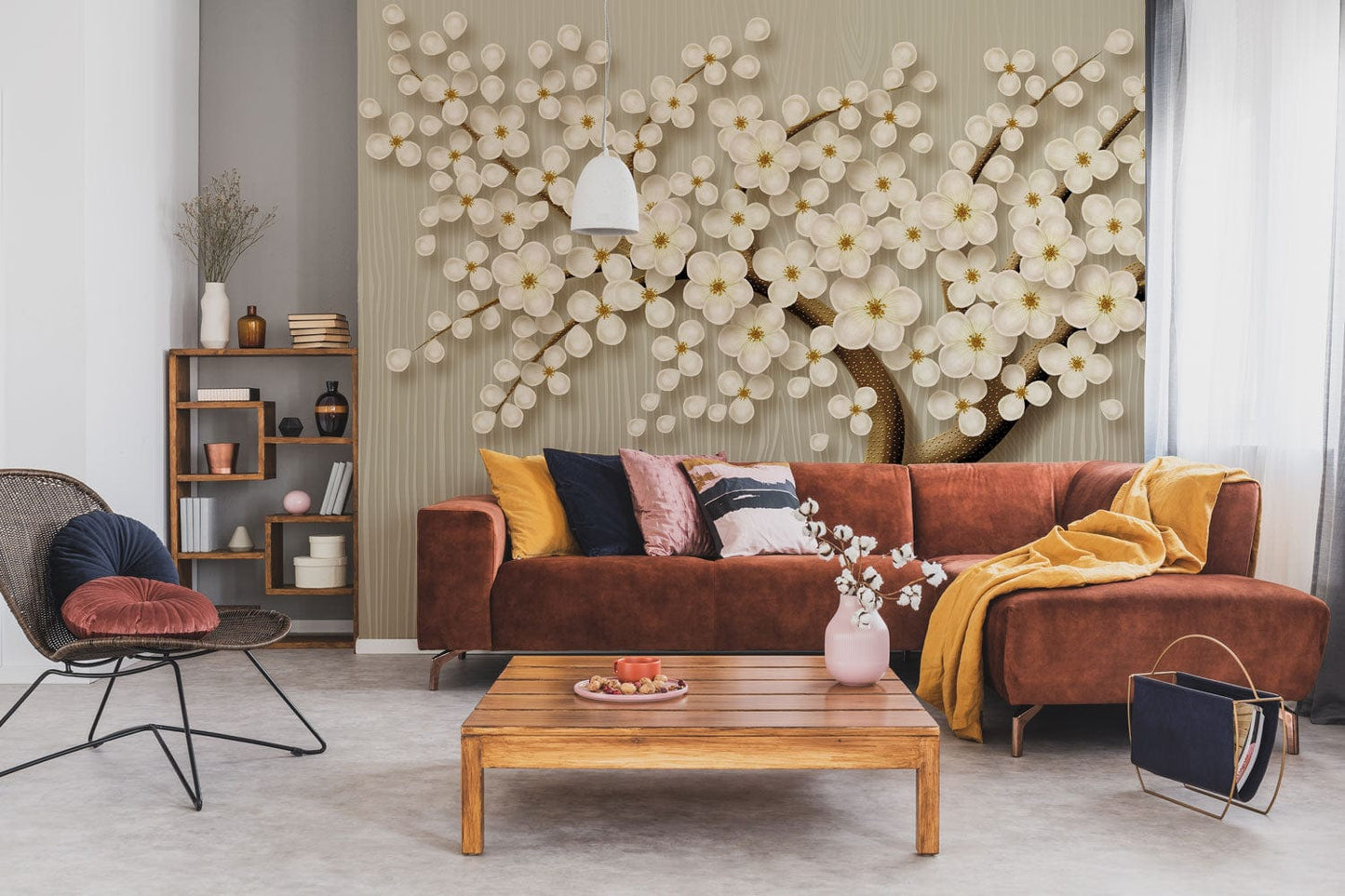 Elegant Cherry Blossom 3D Mural Wallpaper in living room