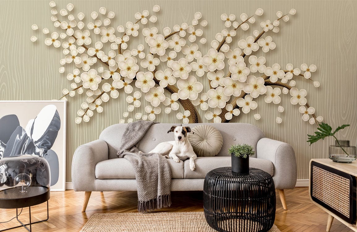 Elegant Cherry Blossom 3D Mural Wallpaper in living room