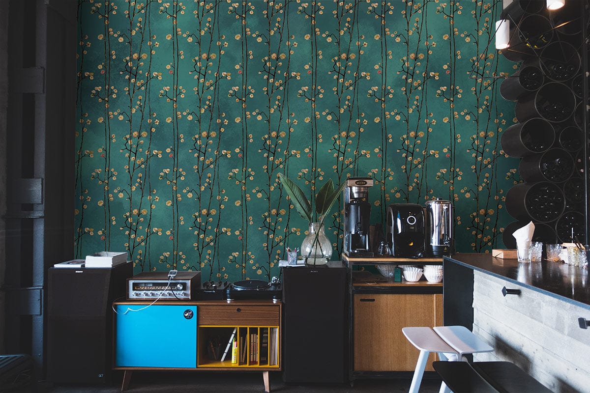 Emerald Green Botanical Mural Wallpaper in kitchen