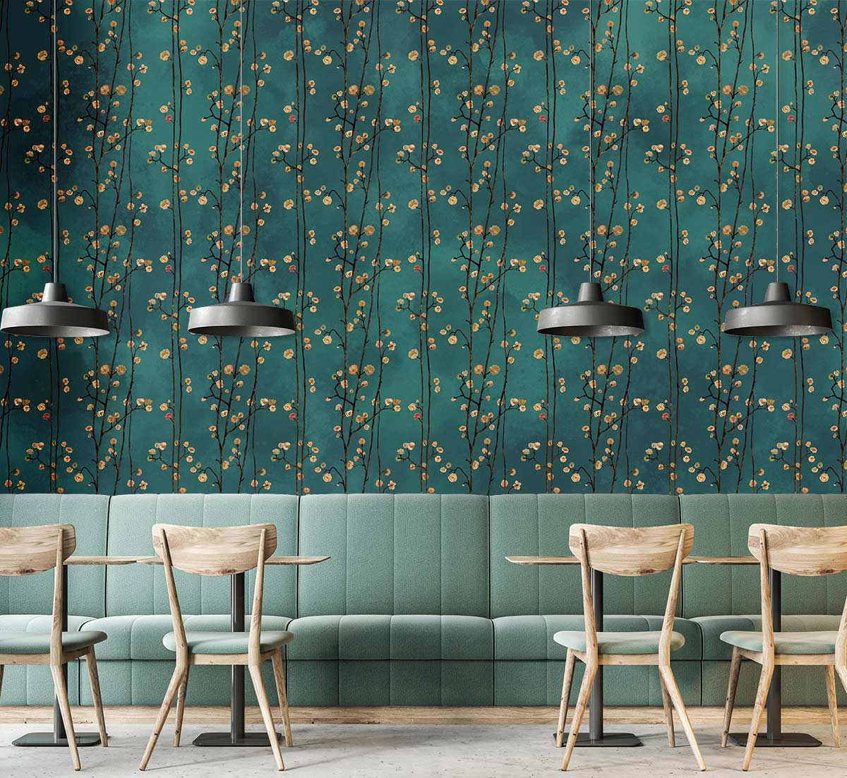 Emerald Green Botanical Mural Wallpaper in dining area