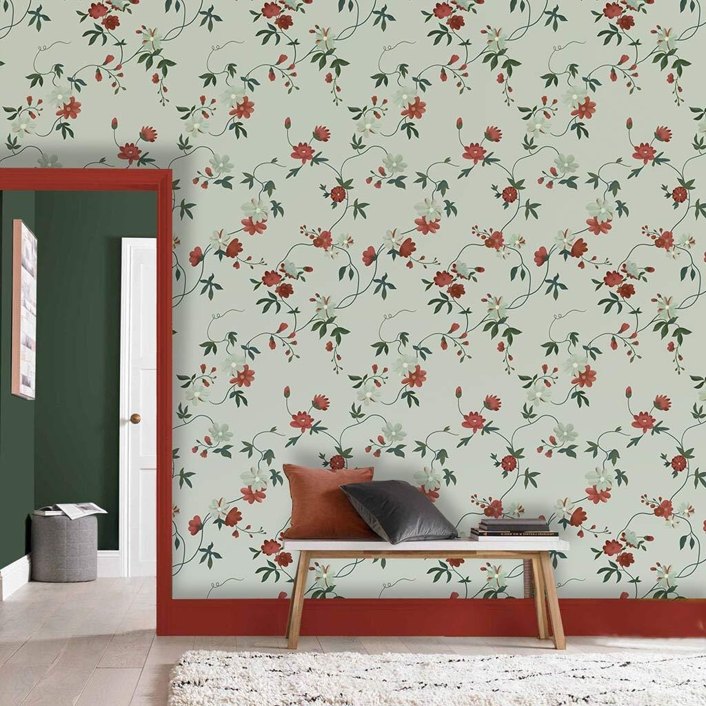 Classic Dainty Floral Trellis Wallpaper Mural Design in entryway