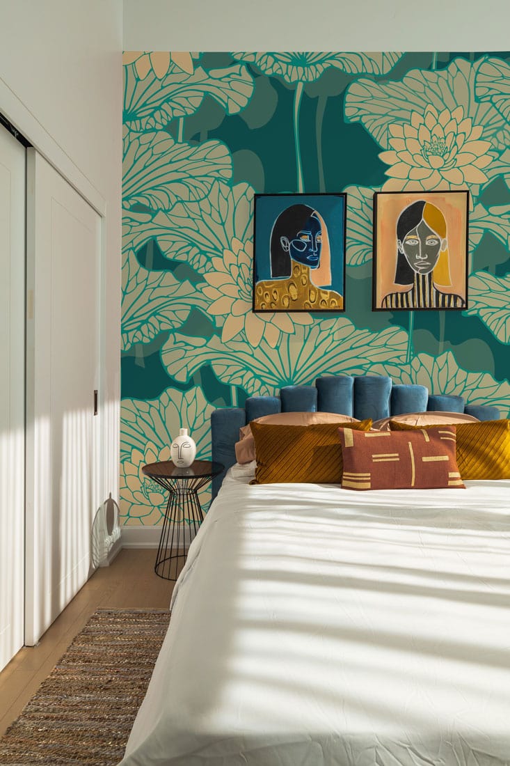 Wallpaper mural with a fluorescent turquoise lotus design that can be used for decorating