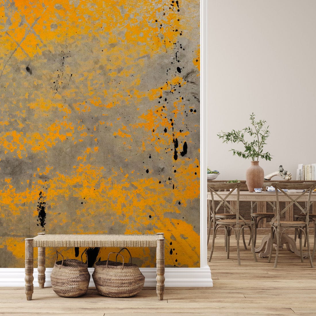 Wallpaper mural in a flushed orange colour for the hallway's decor.