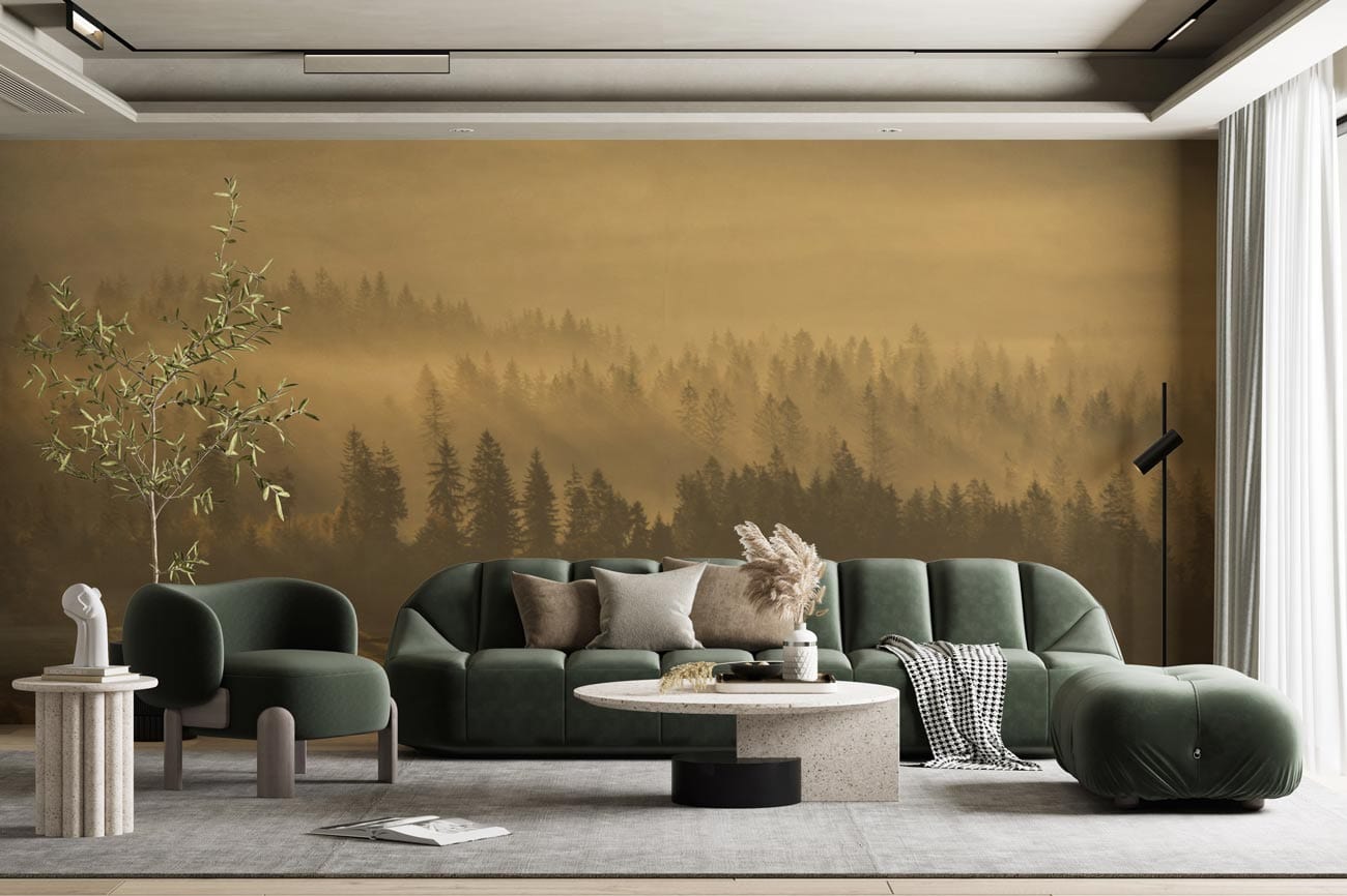 fog over forest landscape wallpaper decoration art
