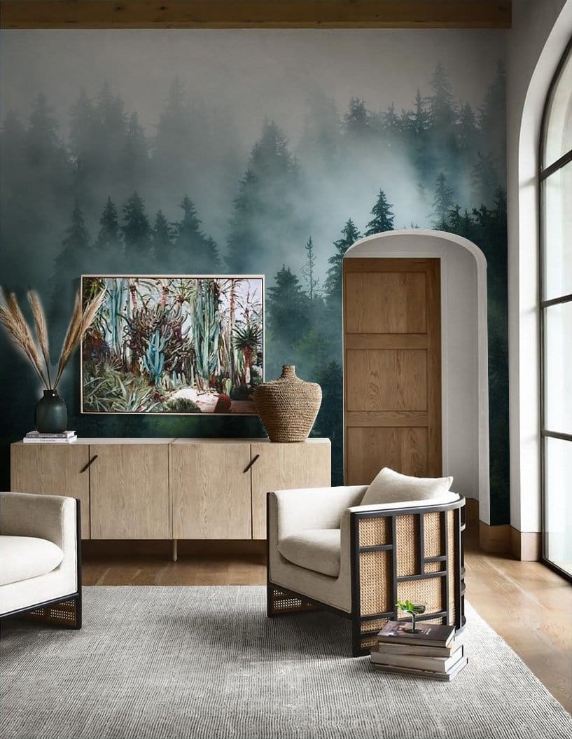 Misty Forest Scene Landscape Mural Wallpaper in living room