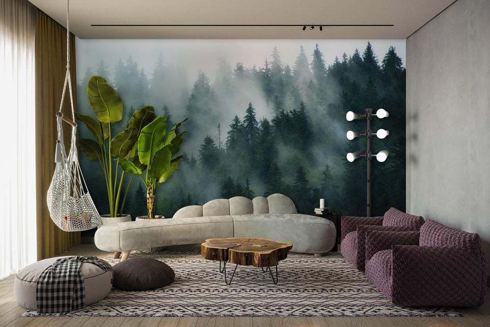 Misty Forest Scene Landscape Mural Wallpaper in living room