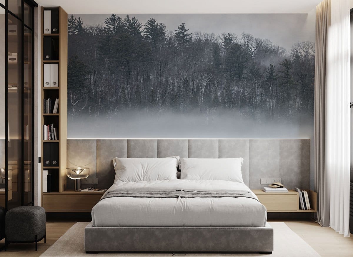 Misty Forest Lake Scenic Mural Wallpaper in bedroom