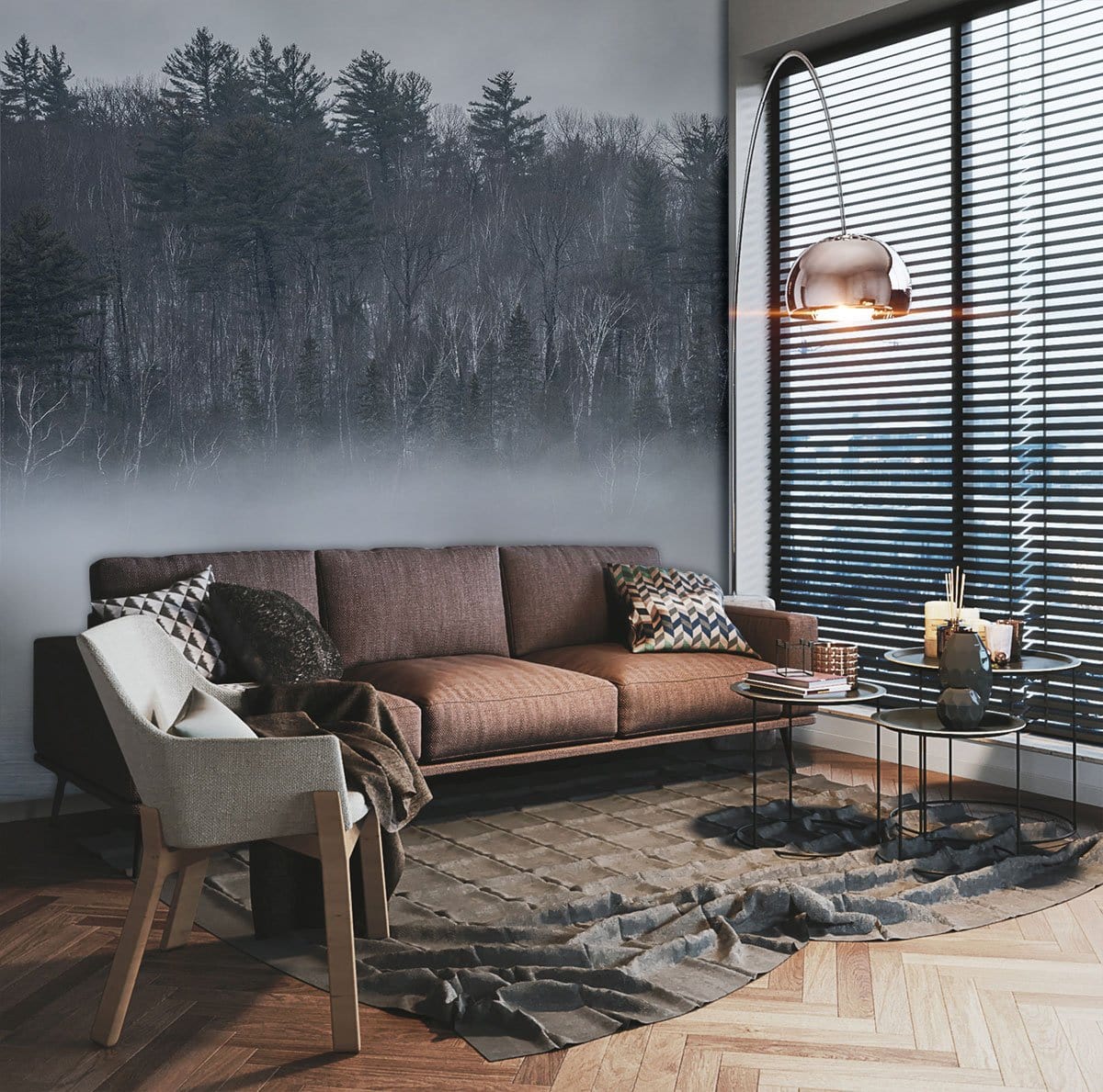 Misty Forest Lake Scenic Mural Wallpaper in living room