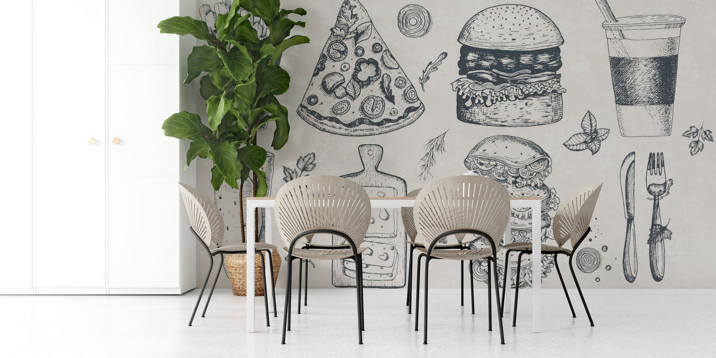 Decorate your dining room with this mouthwatering food and drink wallpaper mural.