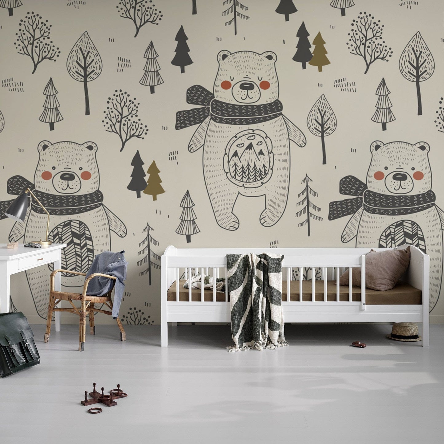 Wall painting with a bear in the forest, perfect for decorating your house.