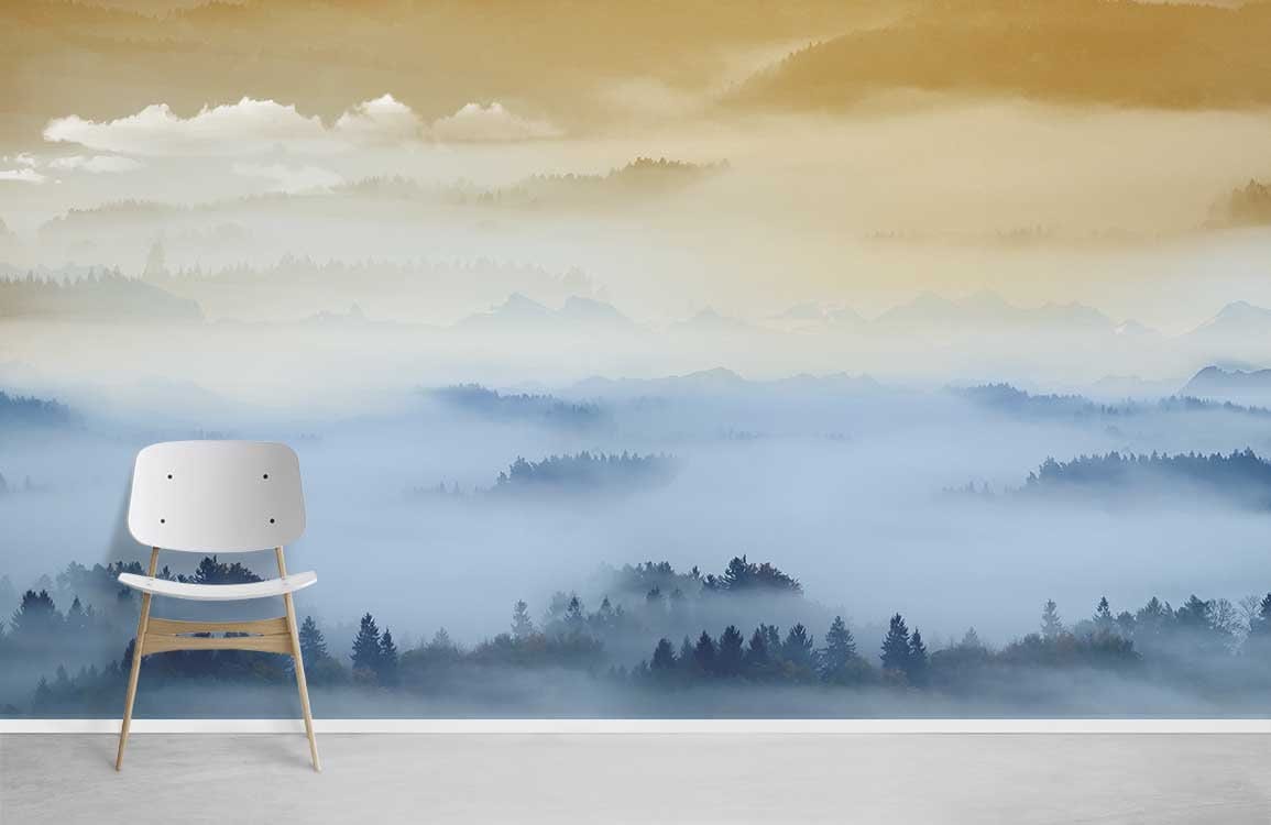 Misty Forest Mountain Sunrise Mural Wallpaper