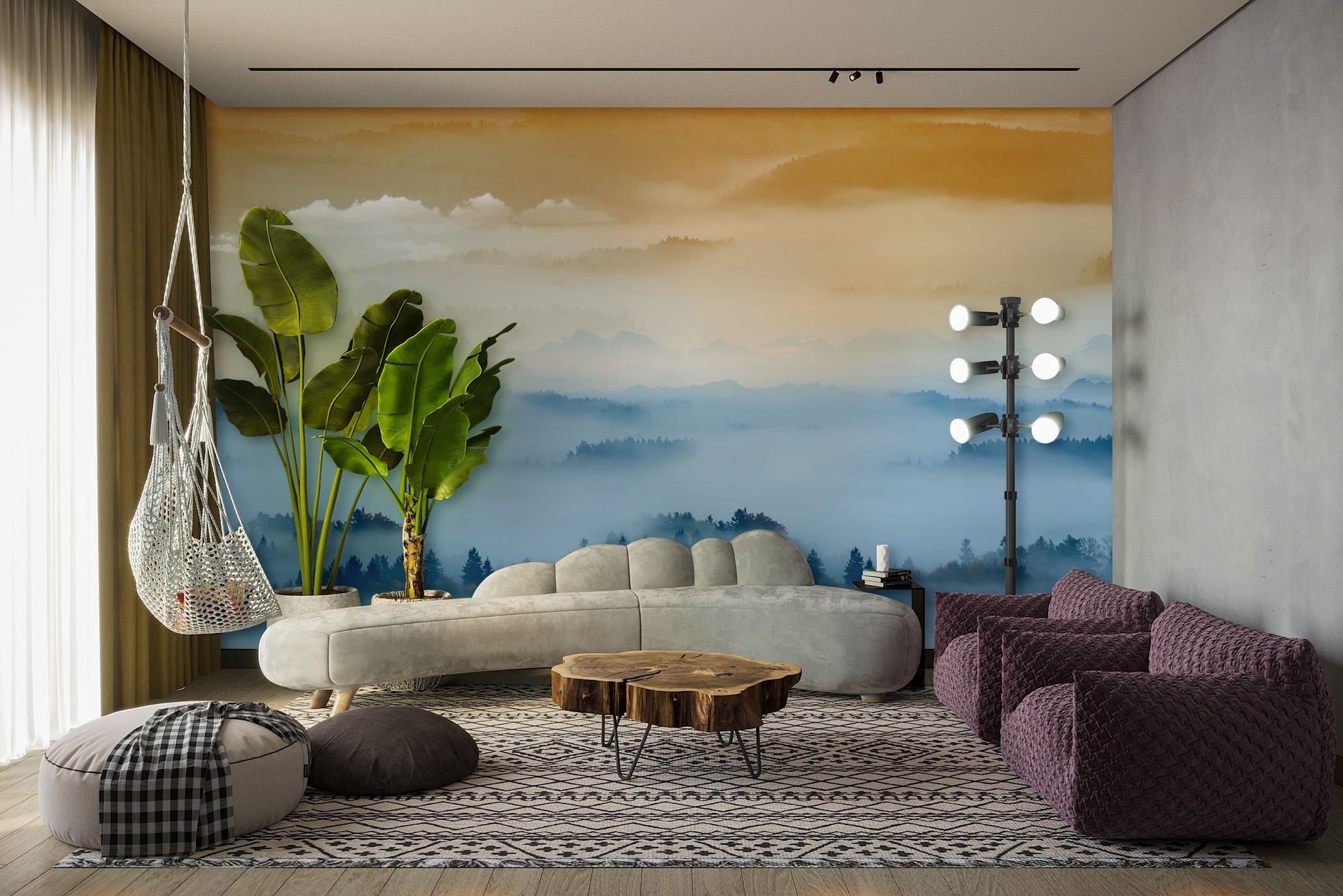 Misty Forest Mountain Sunrise Mural Wallpaper in living room