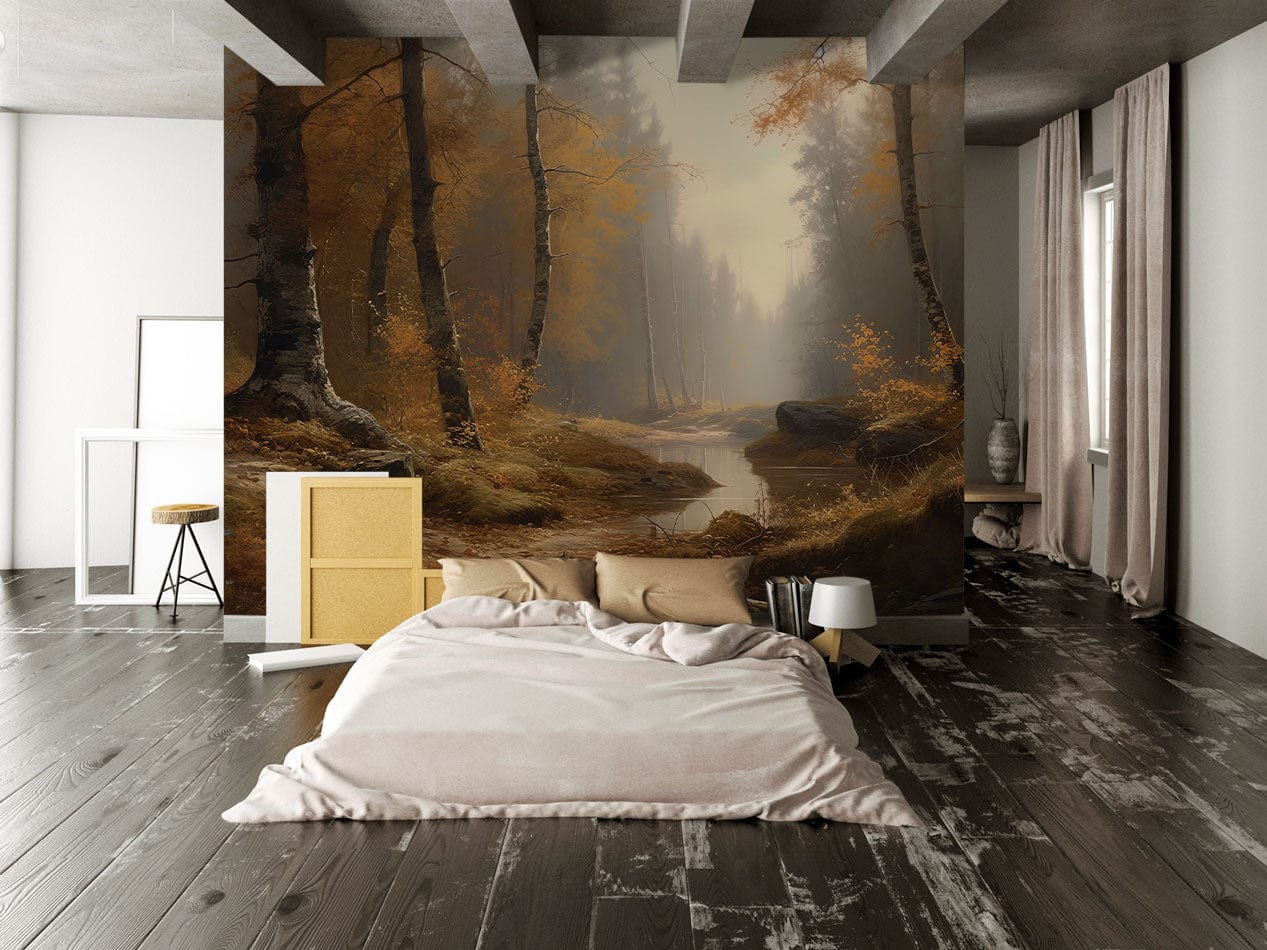 Misty Forest Creek Autumn Mural Wallpaper in bedroom