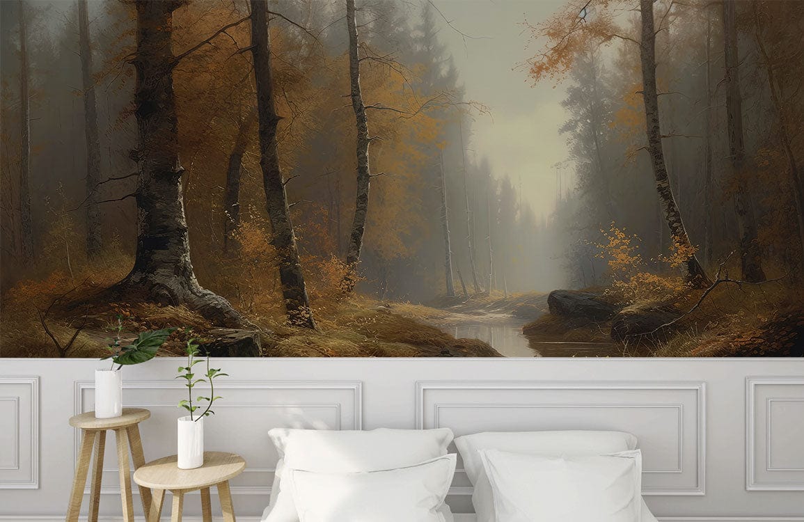 Misty Forest Creek Autumn Mural Wallpaper in living room