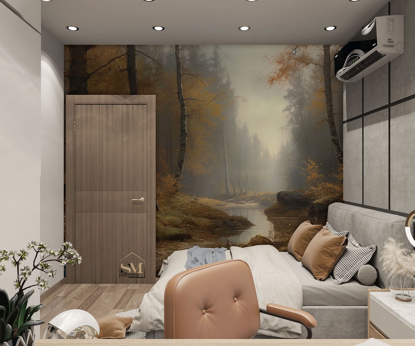 Misty Forest Creek Autumn Mural Wallpaper in bedroom