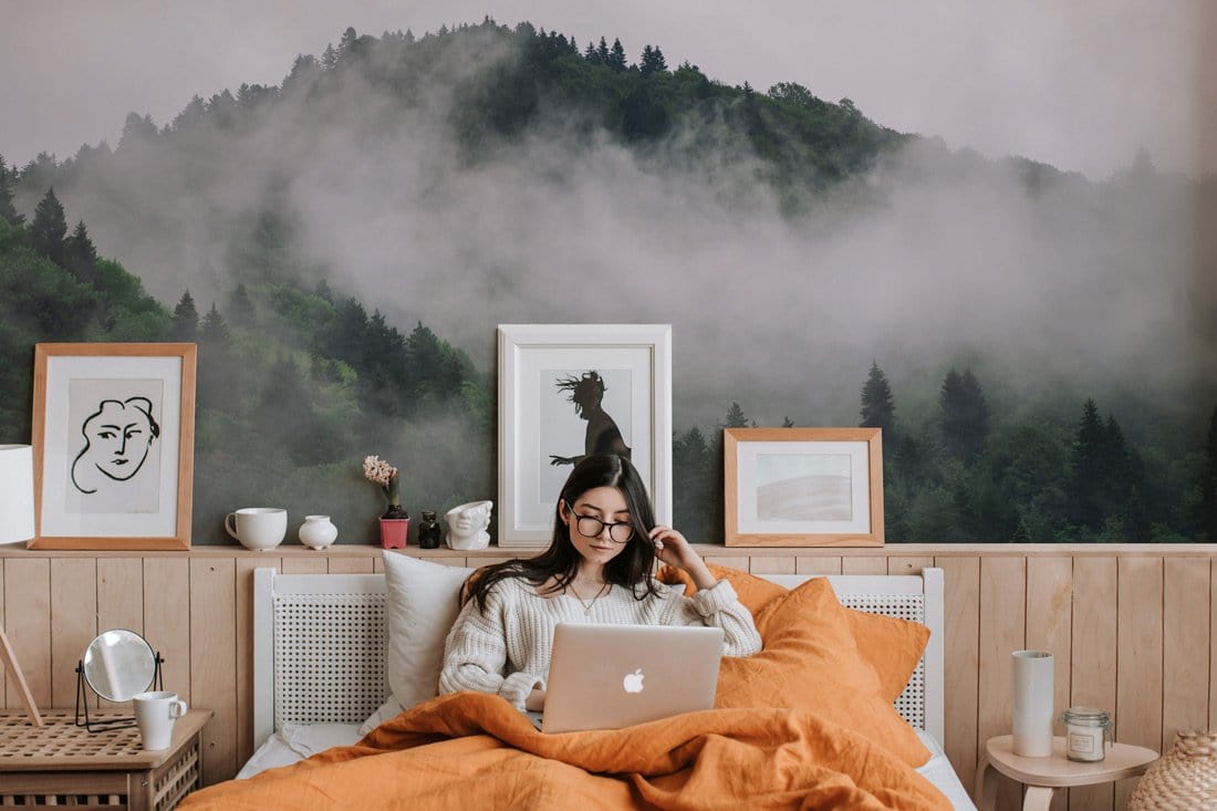 Misty Enchanted Forest Mural Wallpaper in bedroom