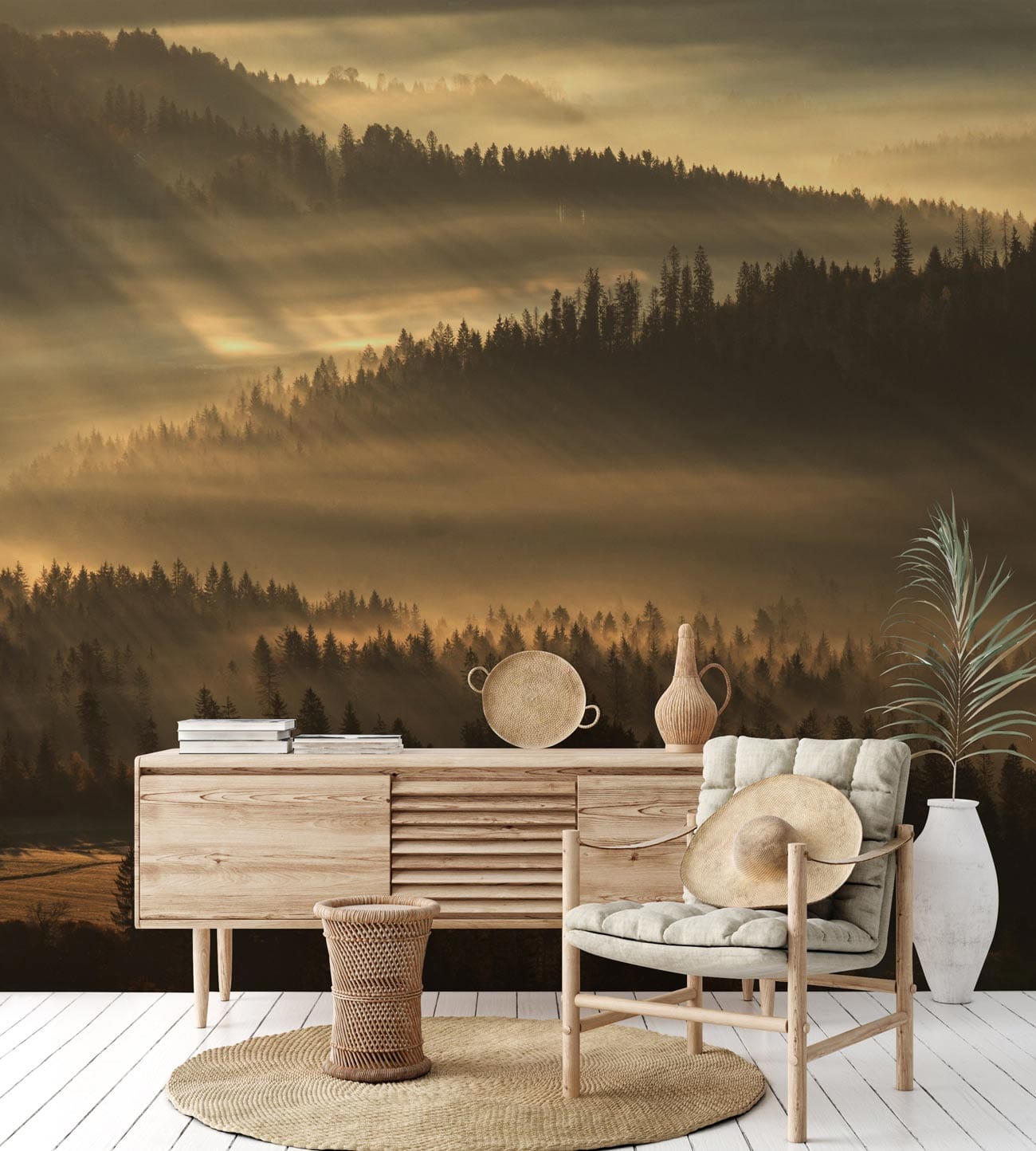 Living room decorated with a dark brown forest wallpaper