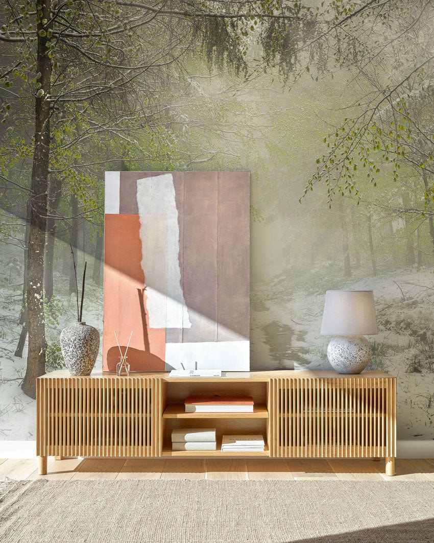 A wall mural of a frozen forest that would look great in the hallway