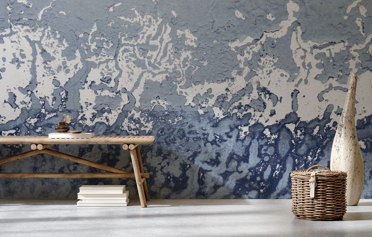 blue abstract industrial wall mural lounge design