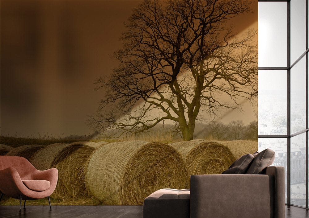 many rolling straws on the meadow in autumn tree wall mural art design