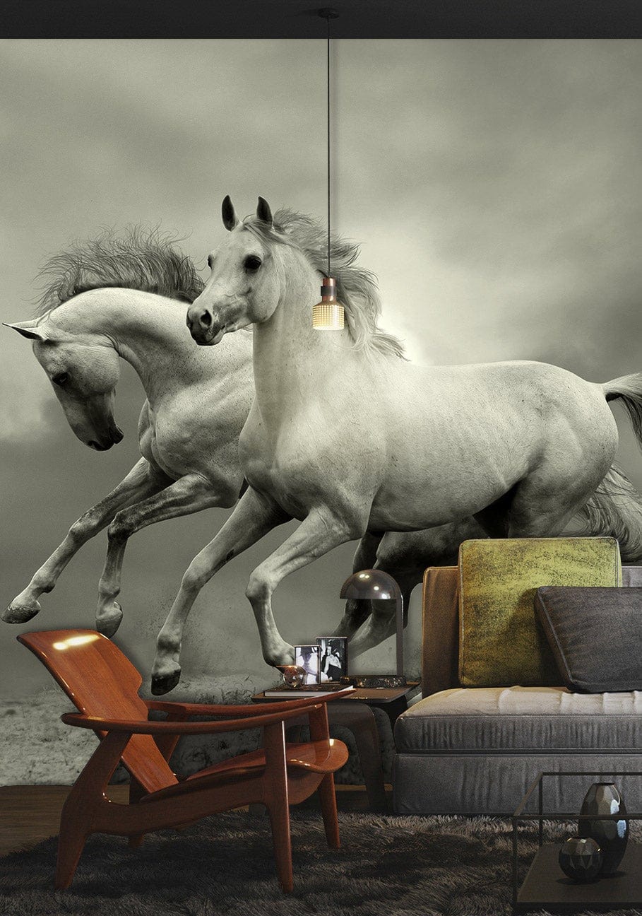 Majestic Horses Black and White Mural Wallpaper in living room