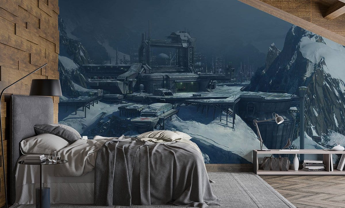 Futuristic Mountain Base Mural Wallpaper in bedroom