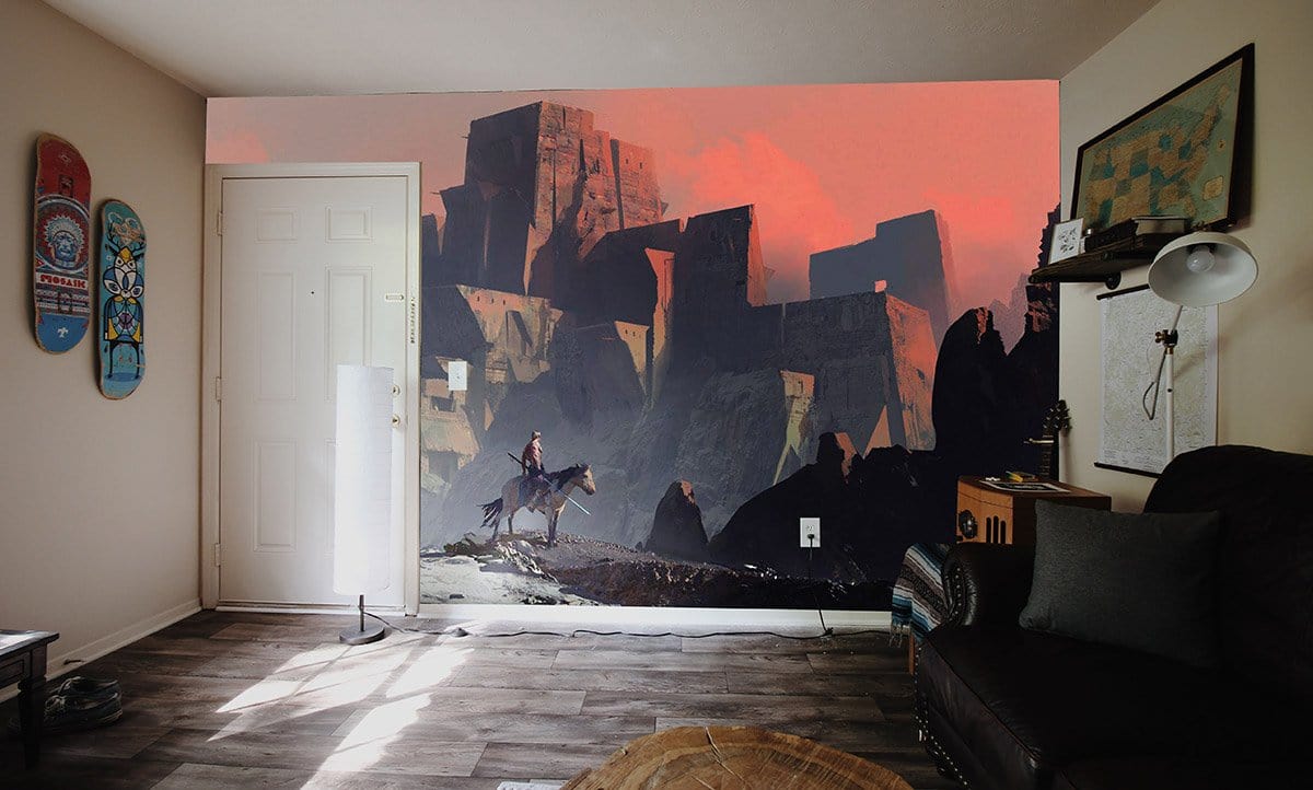 Mystical Fortress Sunset Landscape Mural Wallpaper in living room