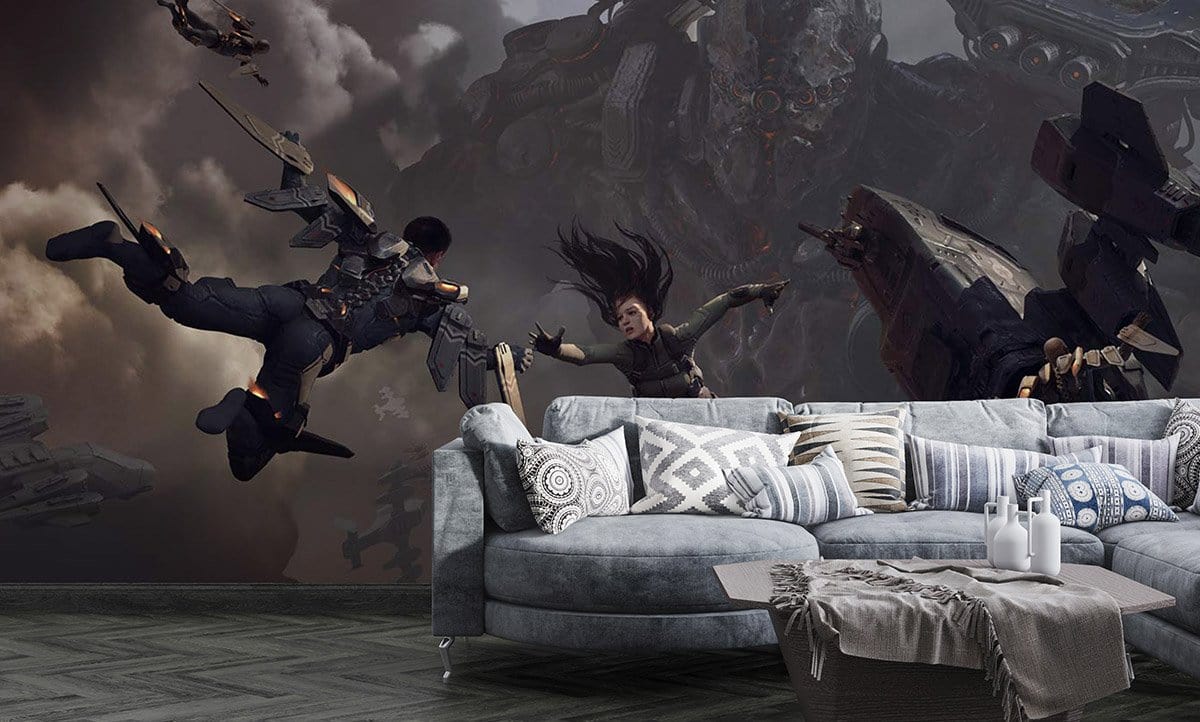 Futuristic Sci-Fi Battle Wall Mural in living room