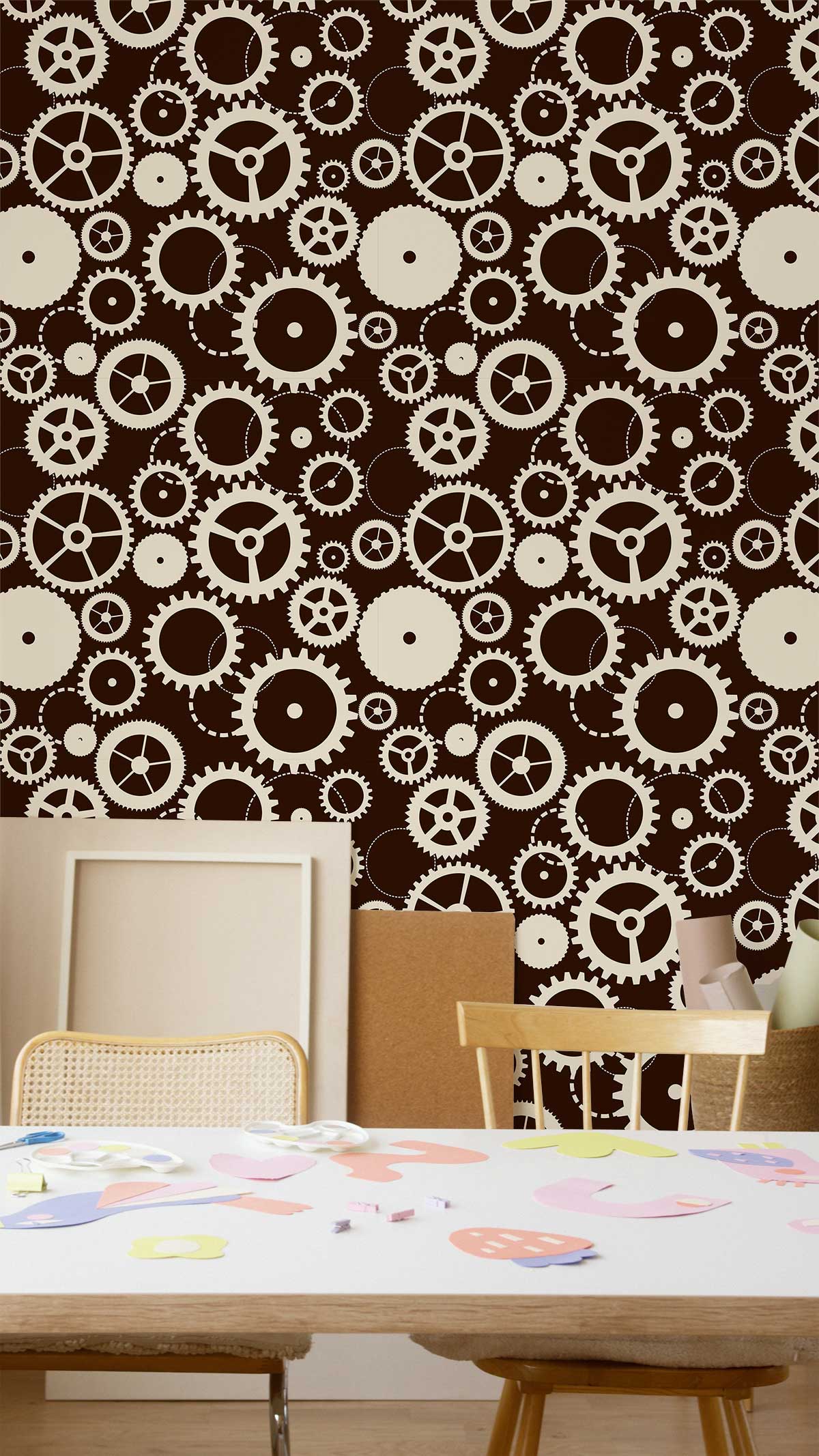 Industrial Gears Abstract Geometric Mural Wallpaper in craft room