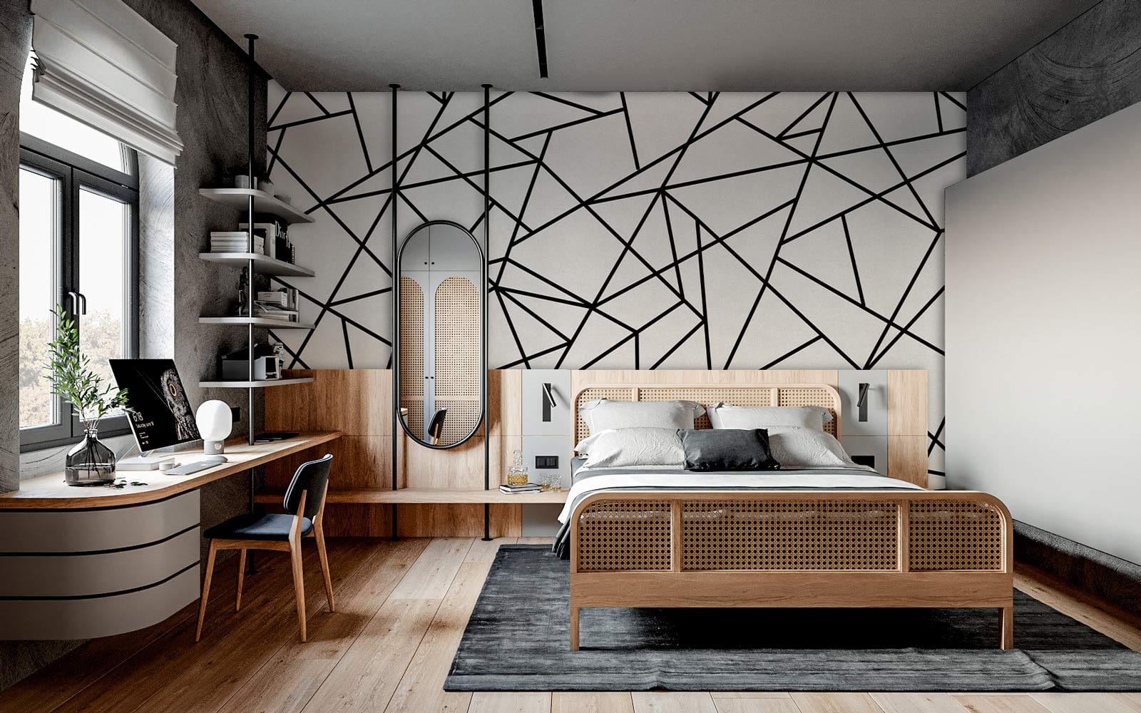 Modern Geometric Black Lines Mural Wallpaper in bedroom