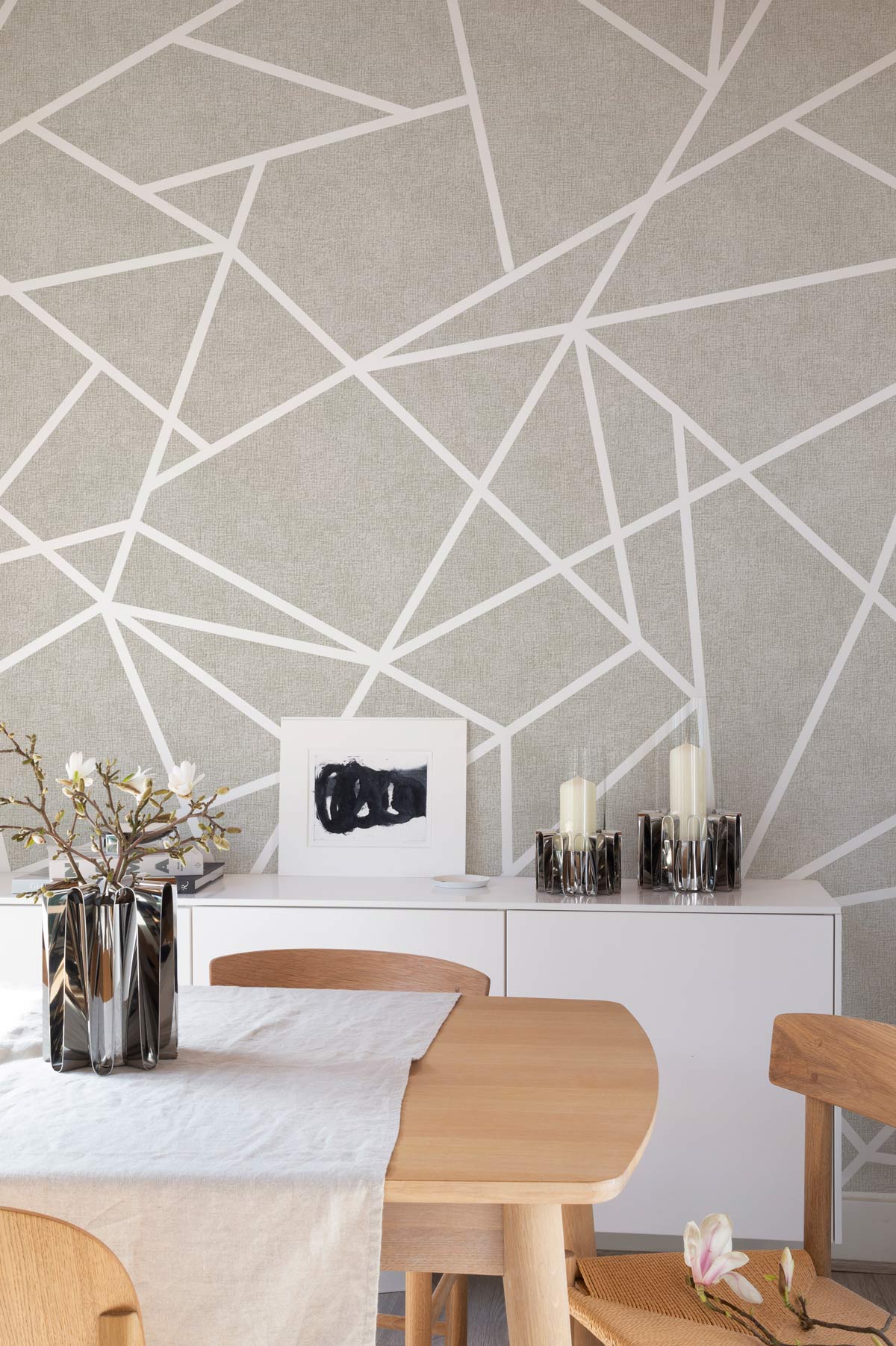 Modern Geometric Beige Mural Wallpaper in dining room