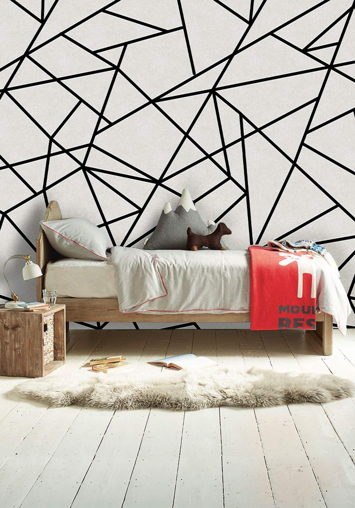 Modern Geometric Black Lines Mural Wallpaper in bedroom
